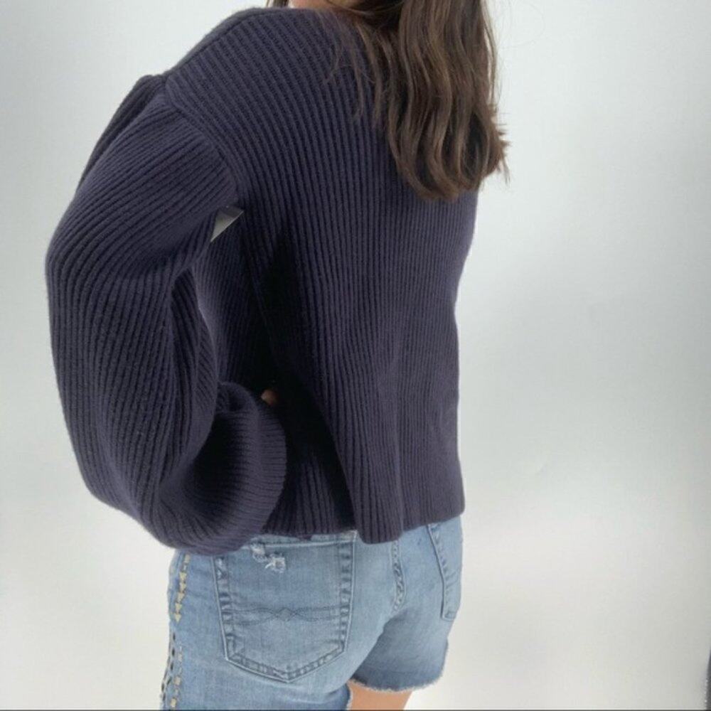 Maisie Nordstrom Navy Blue Bishop Sleeve Cropped Ribbed Sweater Medium - Picture 3 of 12